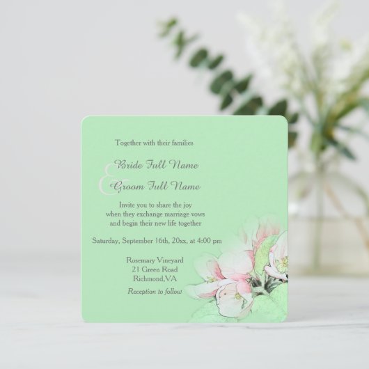 Hübsches hellrosa Apfel Blume Foto Hochzeit Einladung (Stehend Vorderseite)