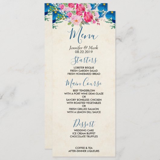 Hübsches Hochzeitsmenü in Rosa und Blau Blume Einladung (Vorne/Hinten)