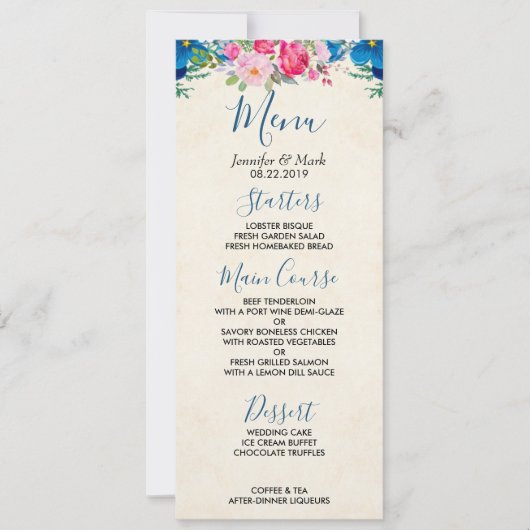 Hübsches Hochzeitsmenü in Rosa und Blau Blume Einladung (Vorderseite)