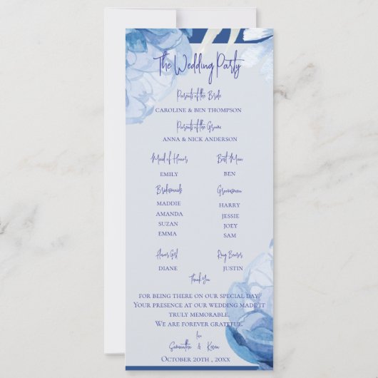 Hübsches Hochzeitsprogramm für Blaublauer Flora Einladung (Rückseite)