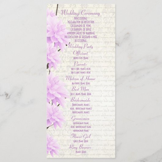 Hübsches Hochzeitsprogramm für die Pastel lila Programm (Rückseite)