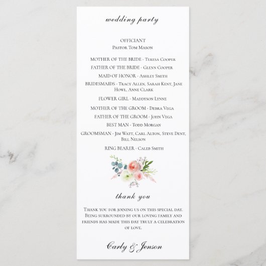 Hübsches Hochzeitsprogramm für Wasserfarben Programm (Rückseite)