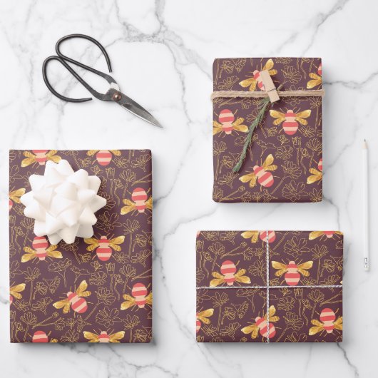 Hübsches Hummel-Muster Geschenkpapier Set (Vorderseite)