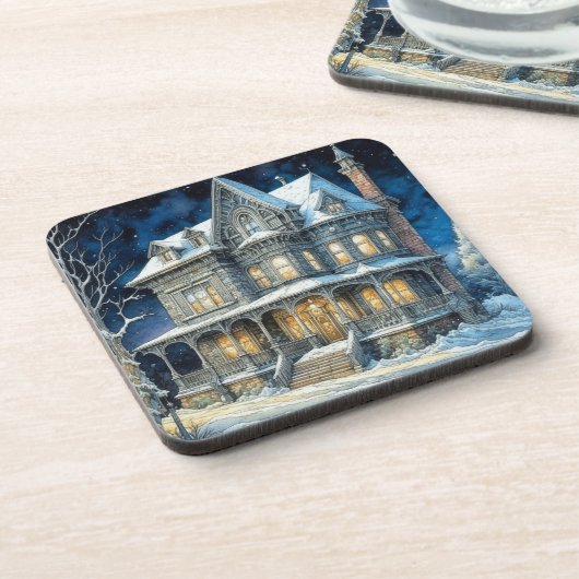 Hübsches illuminiertes Weihnachtshaus Getränkeuntersetzer (Linke Seite)