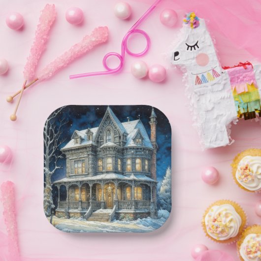 Hübsches illuminiertes Weihnachtshaus Pappteller (Party)