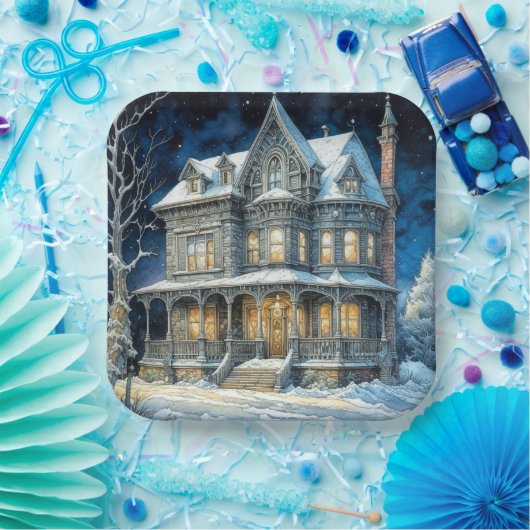 Hübsches illuminiertes Weihnachtshaus Pappteller (Party)