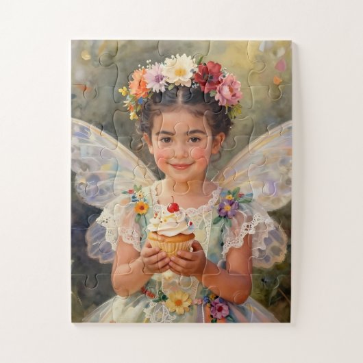 Hübsches kleines Feenmädchen, das einen Cupcake hä Puzzle (Vertikal)