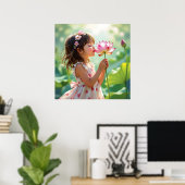 Hübsches kleines Mädchen riecht an einer rosa Rose Poster (Heimbüro)