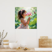 Hübsches kleines Mädchen riecht an einer rosa Rose Poster (Küche)
