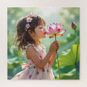 Hübsches kleines Mädchen riecht an einer rosa Rose Puzzle