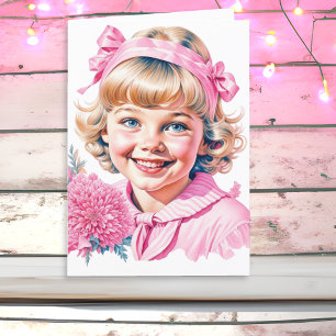 Hübsches kleines Vintage-Mädchen   Pink Weihnachte Feiertagskarte