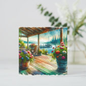 Hübsches Lakehouse View Deck und Blume Karte (Stehend Vorderseite)