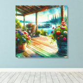 Hübsches Lakehouse View Deck und Blume Leinwanddruck (Insitu (Holzboden))