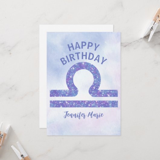 Hübsches Libra-Zeichen Custom Lila Happy Birthday Karte (Vorderseite/Rückseite Beispiel)