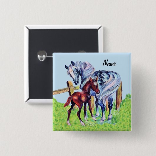 Hübsches Liebespferd mit braunem Gras Button (Vorne & Hinten)