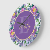 Hübsches Lila Blue Florals Monogram Große Wanduhr (Winkel)