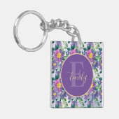 Hübsches Lila Blue Florals Monogram Schlüsselanhänger (Vorderseite links)