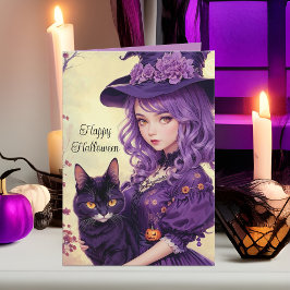 Hübsches Lila Halloween Hexe & Black Cat Vintag Feiertagskarte