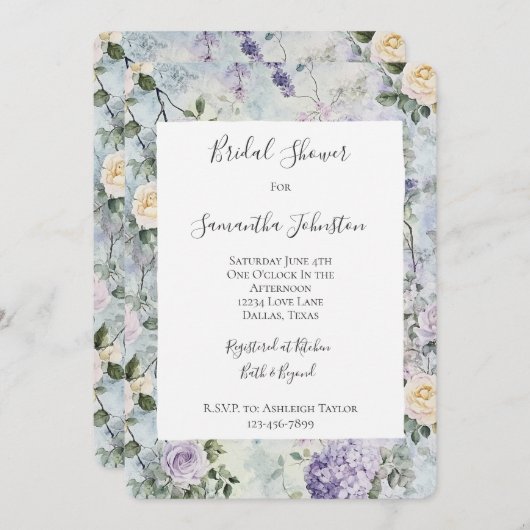 Hübsches Lila Lavendel Weißes Blume Brautparty Einladung (Vorne/Hinten)