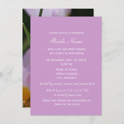 Hübsches lila TulpenBlume Brautparty Einladung (Vorne/Hinten)