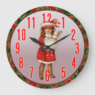 Hübsches Mädchen in der Weihnachtsgärtneruhr Große Wanduhr