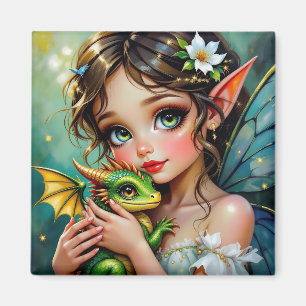 Hübsches Mädchen mit Feen- und Drachen-Motiv Magnet