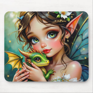Hübsches Mädchen mit Feen- und Drachen-Motiv  Mousepad