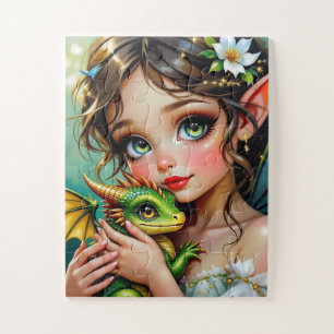 Hübsches Mädchen mit Feen- und Drachen-Motiv Puzzle