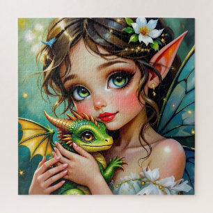 Hübsches Mädchen mit Feen- und Drachen-Motiv Puzzle