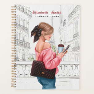 Hübsches Mädchen mit Kaffee in Paris Planer