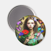 Hübsches Mädchen mit roten Blume und Schmetterling Magnet (Vorderseite/Rückseite)