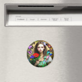 Hübsches Mädchen mit roten Blume und Schmetterling Magnet (In Situ (Geschirrspüler))