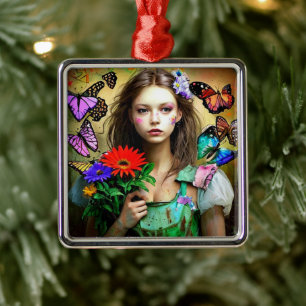 Hübsches Mädchen mit roten Blumen und Schmetterlin Ornament Aus Metall