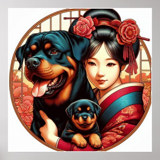 Hübsches Mädchen mit Rottweiler Mama & Pup Poster (Vorne)