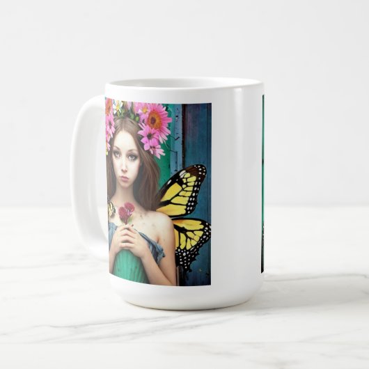 Hübsches Mädchen mit Schmetterlingen und Blume Kaffeetasse (Vorderseite Links)