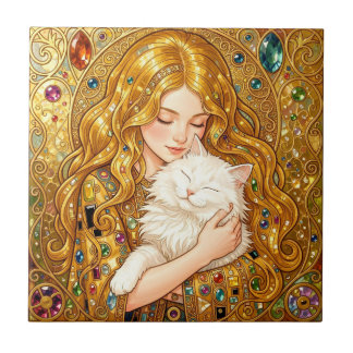Hübsches Mädchen mit süßer weißer Katze Art Nouvea Fliese