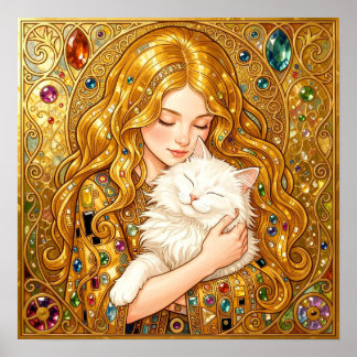 Hübsches Mädchen mit süßer weißer Katze Art Nouvea Poster