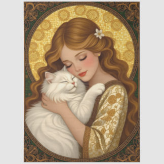 Hübsches Mädchen umarmt Katze im Jugendstil-Decoup Seidenpapier