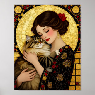 Hübsches Mädchen umarmt süße flauschige Katze Art  Poster