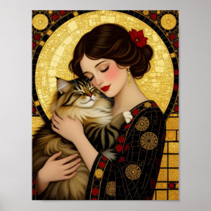 Hübsches Mädchen und süße Katze Art Nouveau Gustav Poster