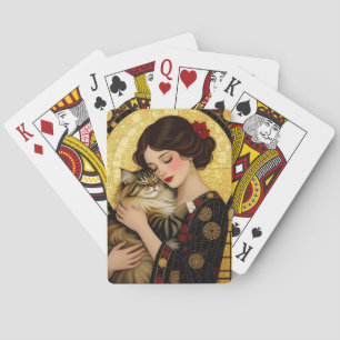 Hübsches Mädchen und süße Katze Art Nouveau Gustav Spielkarten