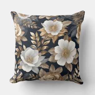 Hübsches Marineblau Gold Weiß Floral Kissen
