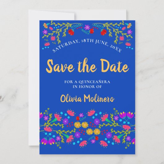 Hübsches mexikanisches Fiesta Floral Royal Blue Save The Date (Vorderseite)