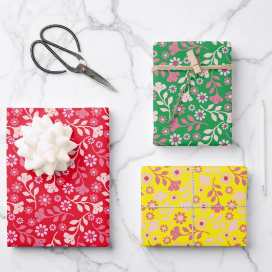 Hübsches modernes Blume- und Weintrio Geschenkpapier Set (Vorderseite)
