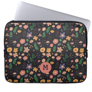 Hübsches modernes dunkles Blumenmuster Monogramm Laptopschutzhülle