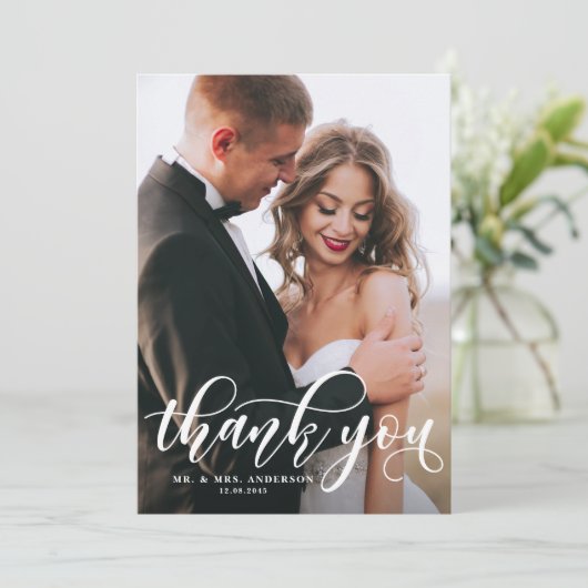 Hübsches modernes kalligrafisches Hochzeitssemble Dankeskarte (Stehend Vorderseite)