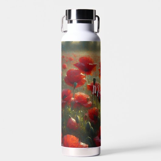 Hübsches Mohnfeld am Sommertag Trinkflasche (Vorne)