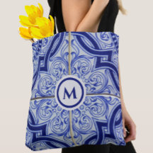 Hübsches Monogramm blaues + weißes Fliesenmuster