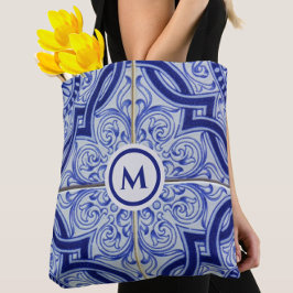 Hübsches Monogramm blaues + weißes Fliesenmuster Tasche