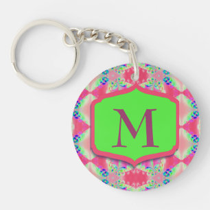Hübsches Monogramm-Rosa-Grün-Muster Schlüsselanhänger